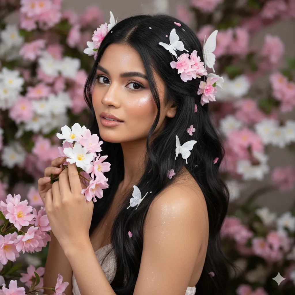 Professional high fashion editorial waist-up portrait with flowers - Ai Prompts